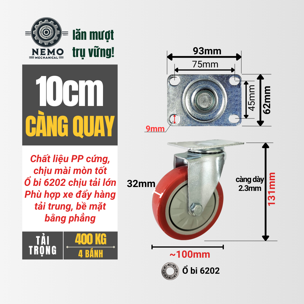 Bánh Xe PP Đỏ Cao Cấp – Nhựa Kỹ Thuật, Ổ Bi 6202 Chịu Tải (D75, D100)